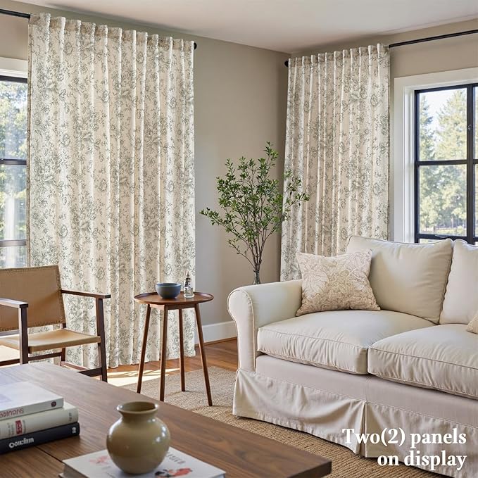 jinachan Linen Floral Curtains 100 Inch Extra Wide for Patio Sliding Glass Door Room Divider Curtain for Living Room 96 Inch Length Farmhouse Peony Christmas Green Printed Curtain Set 1 Panel
