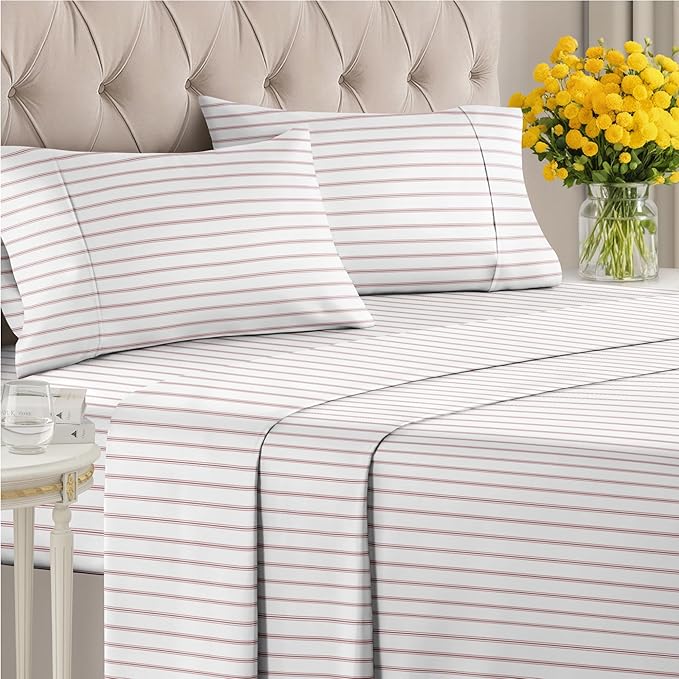 Striped Sheets - Red & White Striped Sheets - 1 Flat & 1 Fitted & 2 Pillowcases w/ Deep Pockets – Wrinkle & Fade Free - Ultra-Soft, Breathable & Cooling – Luxury Pinstripe Bedding - King Size Bed Set