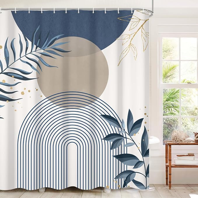 Boho Mid Century Shower Curtain, Navy Blue Modern Minimalist Abstract Geometric Gold Plant Leaves Sun Arch Bathroom Curtains Waterproof Fabric Buthtub Curtain Set with Hooks 66" Wx72 L