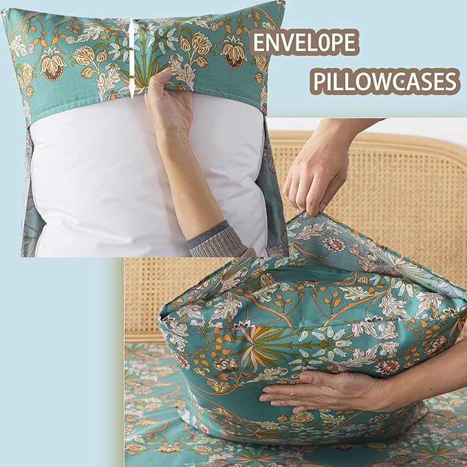 Zusbest Floral Sheets King Bed Sheets Set Boho 100% Cotton Percale Shabby Vintage Teal Blue Orange American Style Bedding Luxury Soft Breathable Crisp Bed Deep Pocket Fitted Sheet 4 Piece