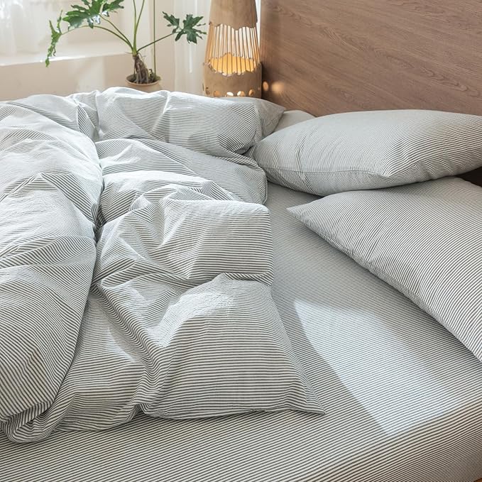 MooMee Striped Duvet Cover Set 100% Washed Cotton Linen Like Textured Breathable Durable Soft Comfy (Heathered Green Pinstripes, Twin 68"x90")