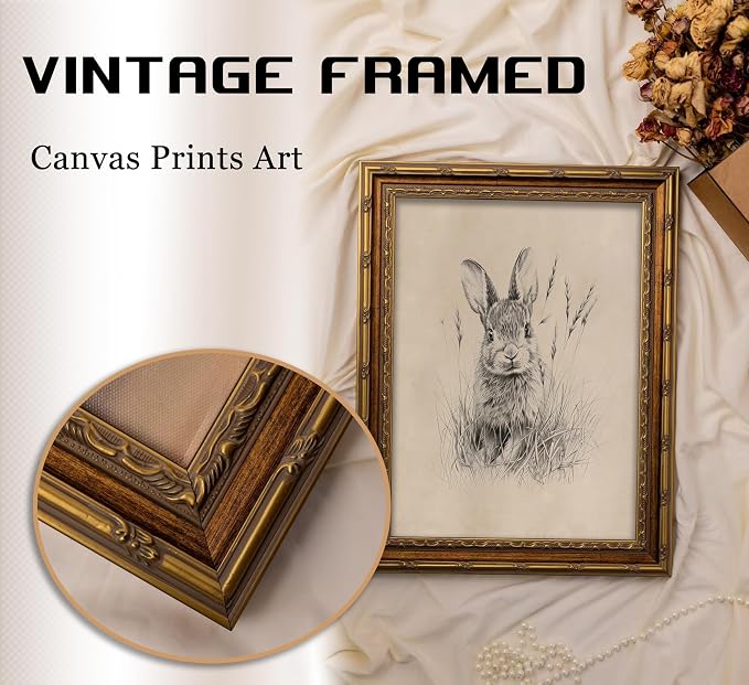 Vintage Gold Framed Easter Bunny Canvas Wall Art Vintage Rabbit Wall Decor Spring Farmhouse Animal Sketch Print Artwork Sketch Rabbit painting Picture for Farmhouse Bedroom Living Room 12X16in