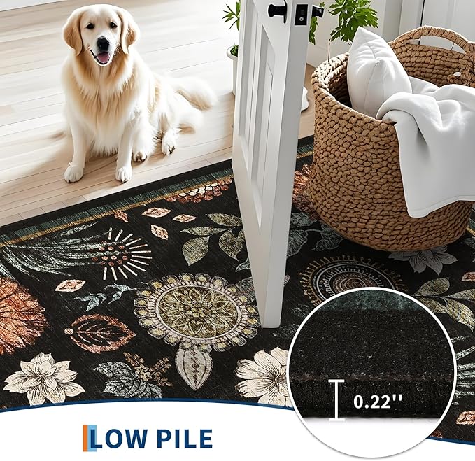 Washable 9x12 Vintage Floral Area Rug Non Shedding Living Room Large Carpet Non Slip Modern Botanical Solid Indoor Carpets Low Pile Floral Rug Soft Thin Foldable Mat for Classroom Dining Room, Black