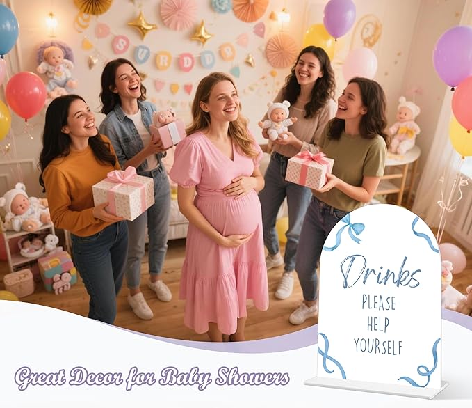 Drinks Please Help Yourself Sign - Blue Bow Baby Shower Sign, 1 Pack Arch Acrylic Sign with Stand, Gender Reveal Party Table Decor, Blue Baby Shower Supplies (SP10)