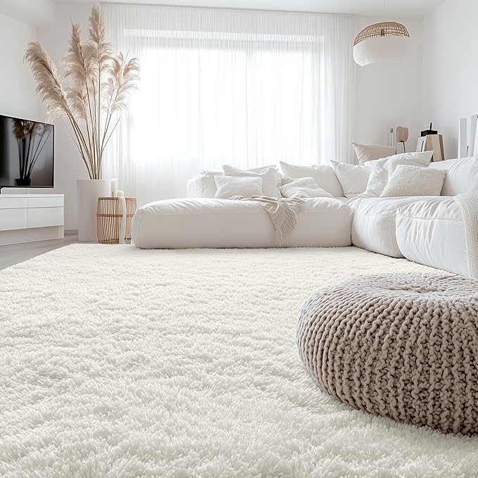 OLANLY 7x10 Machine Washable Large Area Rugs for Living Room, Bedroom, Soft Fluffy Shaggy Bedside Rug, Indoor Floor Carpet for Kids Girls and Boys, Dorms, Nursery, Home Decor Aesthetic, Ivory