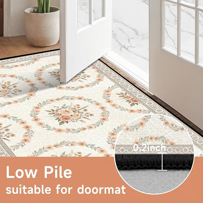 5'x7' Boho Floral Area Rug Vintage Peach Rose Carpet Non-Slip Washable Floor Mat Neutral Aesthetic Botanical Rug for Bedroom Living Room Nursery Kitchen Playroom Home Decor