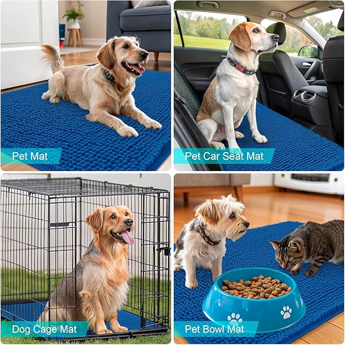 OLANLY Dog Door Mat for Muddy Paws 47x17, Absorbs Moisture and Dirt, Absorbent Non-Slip Washable Doormat, Quick Dry Chenille Mud Mat, Entry Indoor Entryway Carpet for Inside Floor, Deep Navy Blue