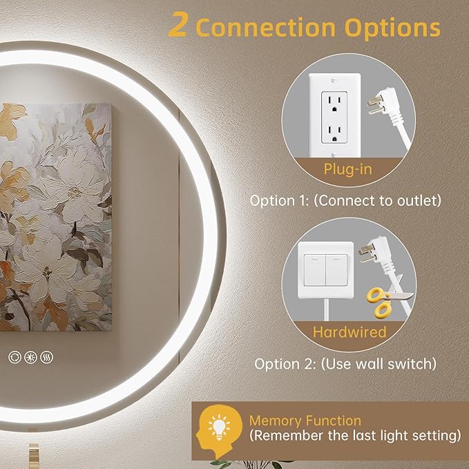 LOVESPEJO 32" Round LED Bathroom Mirror with Lights, Circle LED Mirror for Bathroom, Fogless, Dimmable, 3 Color Changing, Shatterproof