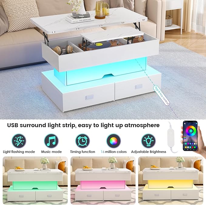 Turosur 40" Lift Top Coffee Table, Coffee Tables with Storage and 4 Drawer, Coffee Table with Lifting top with LED Lights for Living Room Home Office