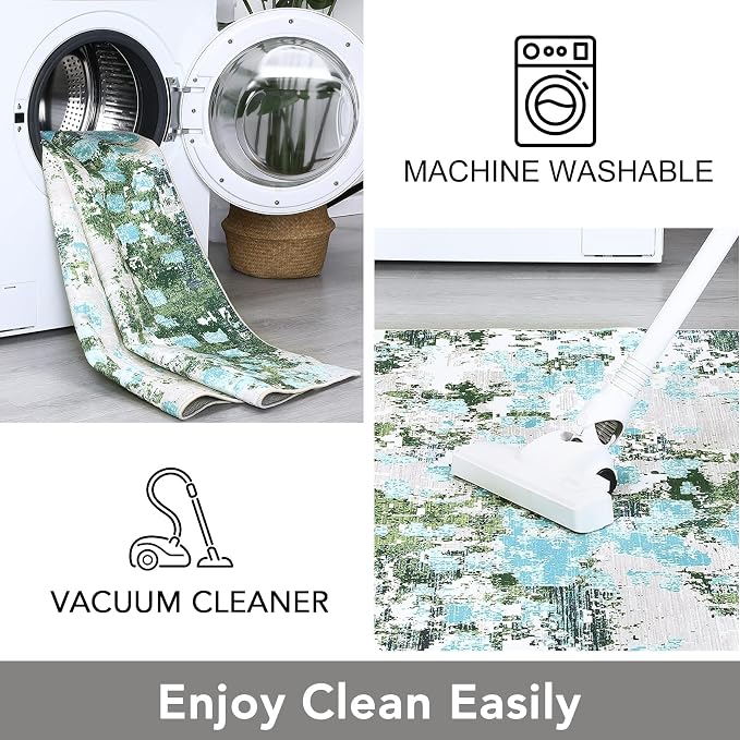 GAOMON 5x7 Rug Boho Chic Abstract Small Rug Machine Washable Colorful Indoor Accent Carpet Non Shedding Living Room Rug Non Slip Low Pile Modern Carpet Mat for Office Kitchen, Green/Turquoise