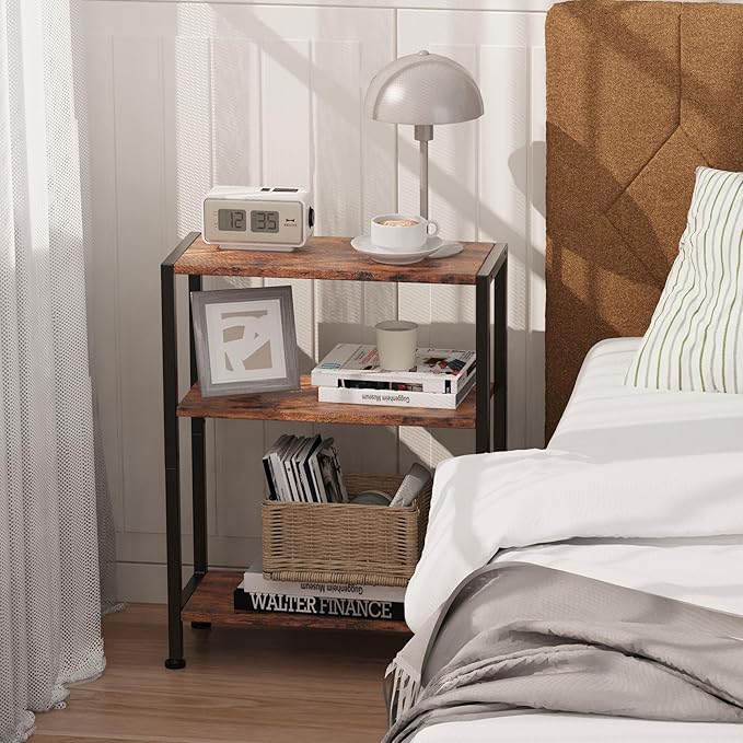3-Tier Side Table Set of 2, Small End Table, Sofa Side Table for Narrow Spaces, Slim End Table, Nightstand Table, for Living Room Bedroom Office, Rustic Brown
