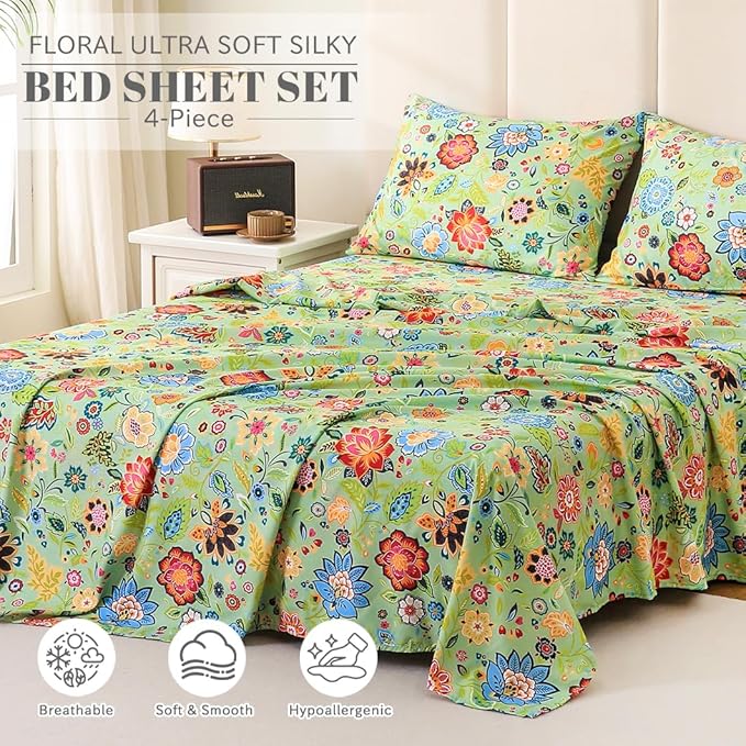 Bedlifes Twin Sheet Set Ultra Soft, Breathable, Silky Flower Deep Pocket 100% Microfiber Bedding, 3 Piece Twin Size with Floral Sage Green