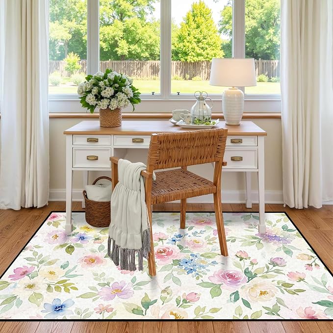 Watercolor Floral Rug 4'x6' Soft Pastel Botanical Area Rug for Entryway Bedroom Living Room Nursery Kitchen Playroom Home Decor Low Pile Non-Slip Washable Carpet