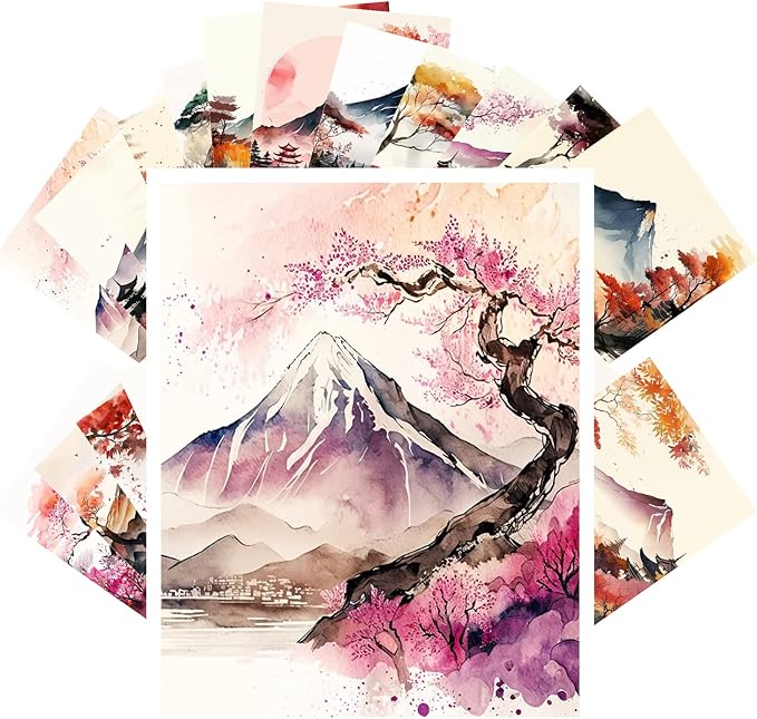 PIXILUV Vintage Postcards (24 pcs 4"x6" each) Japan Watercolor Fuji and Sakura Vintage Postcards Book Illustrations Reprint