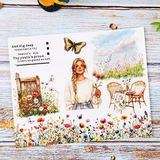 AuriicLeaf Spring Garden PET Tape Set, 3 Rolls Pre-Cut Wildflower Stickers for Scrapbooking, Journaling, DIY Crafts, and Collage Art (30 mm/50 mm/55 mm)