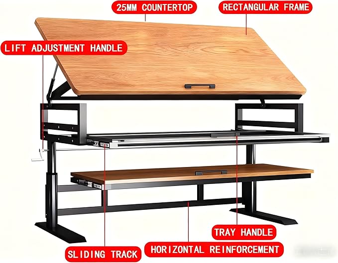 Studio Desk with Keyboard Tray | Hand-Crank Adjustable Standing Desk Workstation for Music Production, Cable Management, MIDI Keyboard Shelf (White, 70in)
