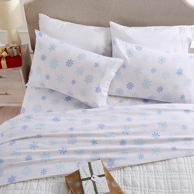 Market & Place 100% Turkish Cotton Flannel Sheet Set | 4 Piece Deep Pocket Novelty Cozy Winter Bed Sheets | Double Brushed for Extra Softness & Comfort | Alpine Collection (King, Blue Snowflake)