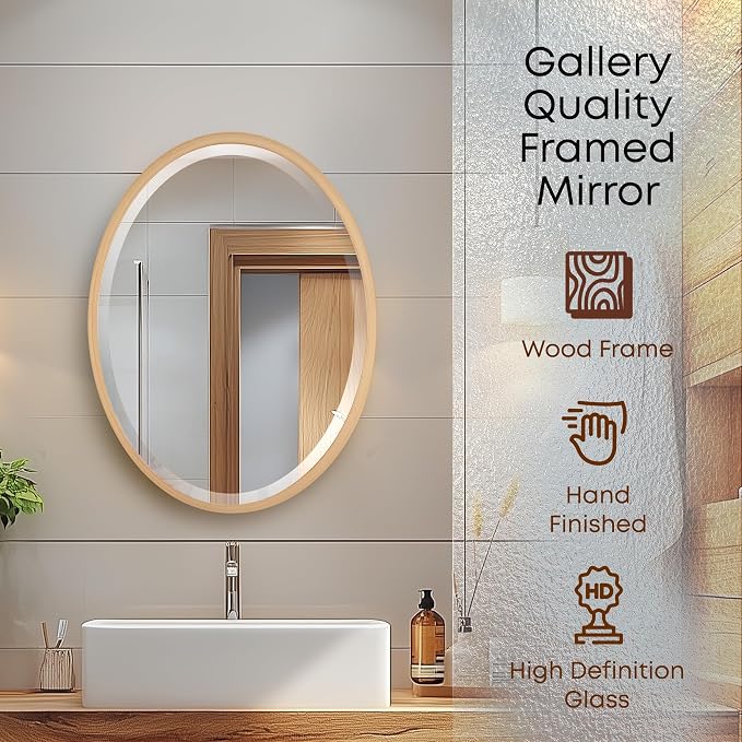 OVALCREST - Oval Wooden Beveled Wall Mirror for Home Decor, Bathroom, Vanity, Bedroom, Living Room, Hallway - London Style (Gold Paint) 25.1 x 19.1