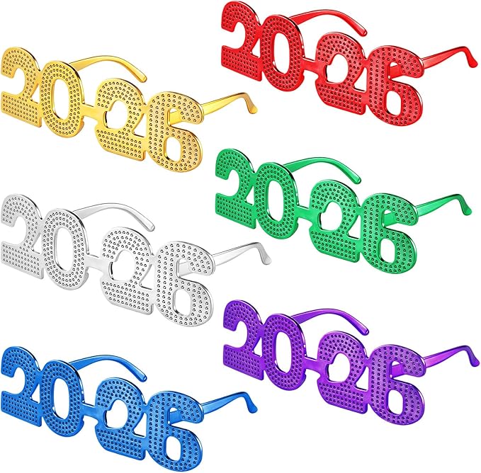 Konohan 6 Pcs 2026 New Year Eve Glasses Glitter Number Sunglasses Eyeglasses for New Years Party Supplies Festival Photo Prop(Colorful)