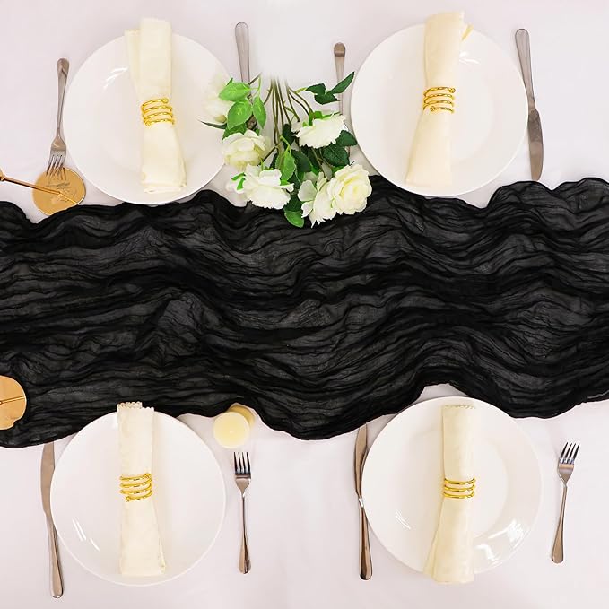 Snowkingdom 6PCS 10 Ft Black Cheesecloth Table Runner, 120 inch Long Cheese Cloth Boho Gauze Runners for Wedding Bridal Baby Shower Birthday Holiday Party Halloween Table Decorations