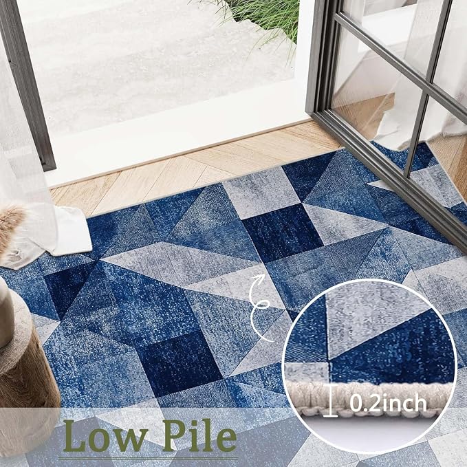 8x10 Navy Blue Area Rug Modern Geometric Blue White Beige Bedroom Rug Soft Low Pile Thin Large Carpet Living Room Non Slip Dining Room Stain Resistant Office Washable Machine