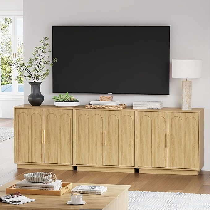 FORTUNETEC Sideboard Buffet Cabinet with Storage Set of 2, Mid Century Modern Accent Cabinet with Arched Doors, Modular Media Console, Credenza for Living Room Kitchen Dining Room Entryway, Oak