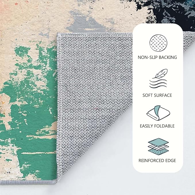 9x12 Colorful Area Rug Modern Abstract Beige Orange Yellow Pink Blue Black White Grey Rug Bedroom Low Pile Thin Large Carpet Living Room Non Slip Dining Room Stain Resistant Office Washable Machine