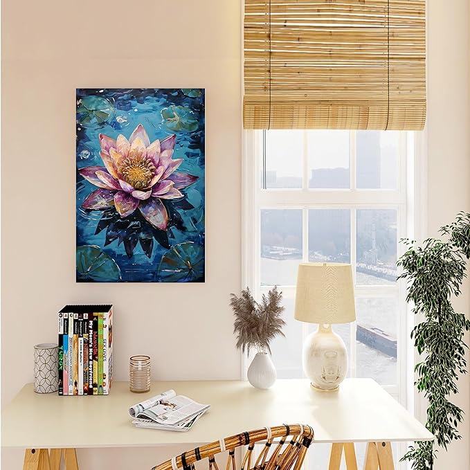 Gorgeous pink and purple water lilies on deep blue water Eye-catching oil painting Serene aquatic wall art for modern home decor 16x24in Wood Framed