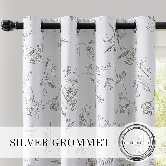 ChrisDowa 100% Blackout Floral Curtains 84 Inches Long 2 Panels for Bedroom Living Room Grey Flower Patterned Room Darkening Thermal Insulated Soundproof Grommet Window Treatments Drapes,52X84