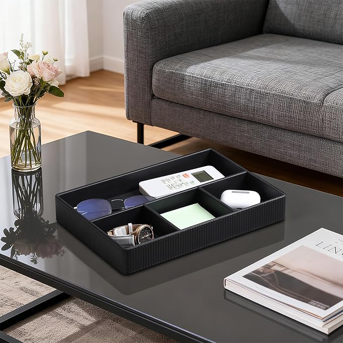 NICLNGSH PU Leather Valet Tray, Decorative Trinket Vanity Desk Drawer Organizer Tray, Perfume Dish Catch All Bowl for Keys, Nightstand Drawer Organizer Women Men with 4 Compartments (Black)