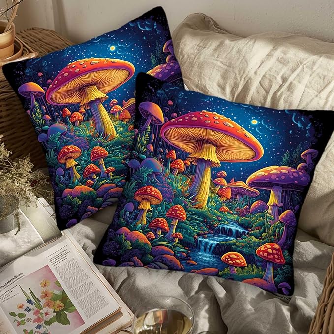 Mushroom Throw Pillow Covers Set of 2,18x18 Inches, Cushion Cases for Couch and Sofa, Zipper Closure, Vintage Home Decor for Living Room and Bed Room