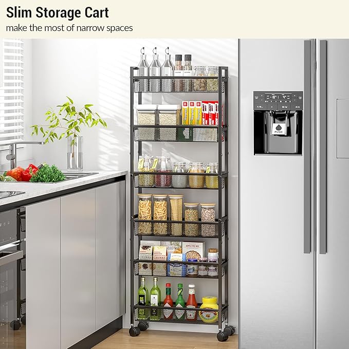 6 Tier Slim Storage Cart, Narrow Cart with Wheels, Metal Mobile Shelving Unit Organizer for Kitchen, Bathroom, Laundry Room, Living Room & Narrow Spaces, Black, 6in(W)