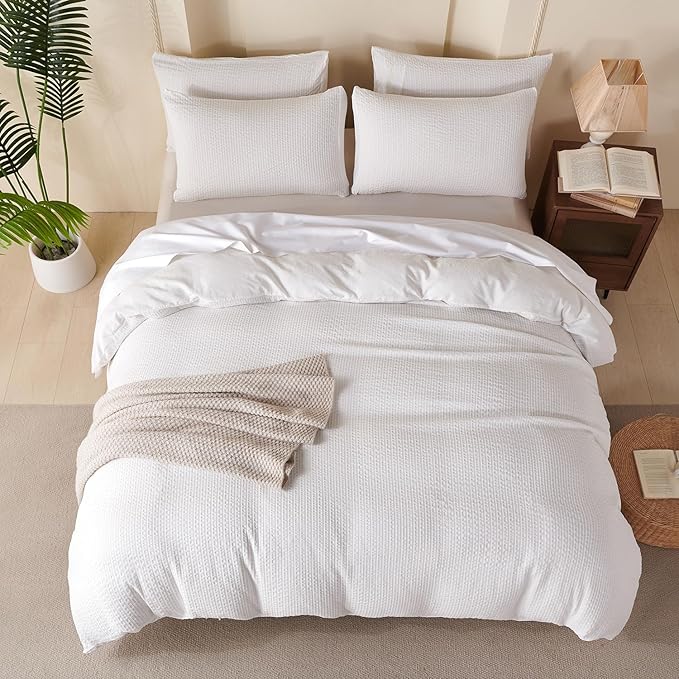 Duvet Cover King Striped White Soft Luxury Washed Jacquard Microfiber Stripes Pattern 3 Pieces Bedding Set for All-Season with Zipper Closure, Lightweight Comfort Breathable