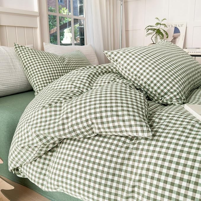 LifeTB Queen Comforter Set Green Gingham Comforter Modern Style Checkered Pattern Comforter Set Boho Grid Plaid Bedding Comforter Lightweight Fluffy Soft Grid Bedding Set Queen Size Breathable