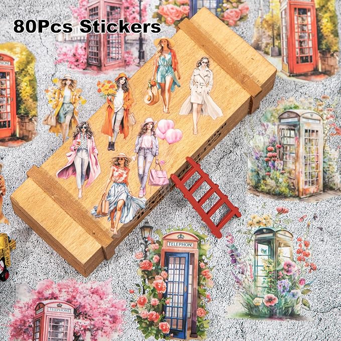 AuriicLeaf Telephone Booth PET Sticker Set, 80PCS Vintage Street Scene Stickers for Scrapbooking, Journaling, DIY Crafts, Planner Decoration, and Aesthetic Collage
