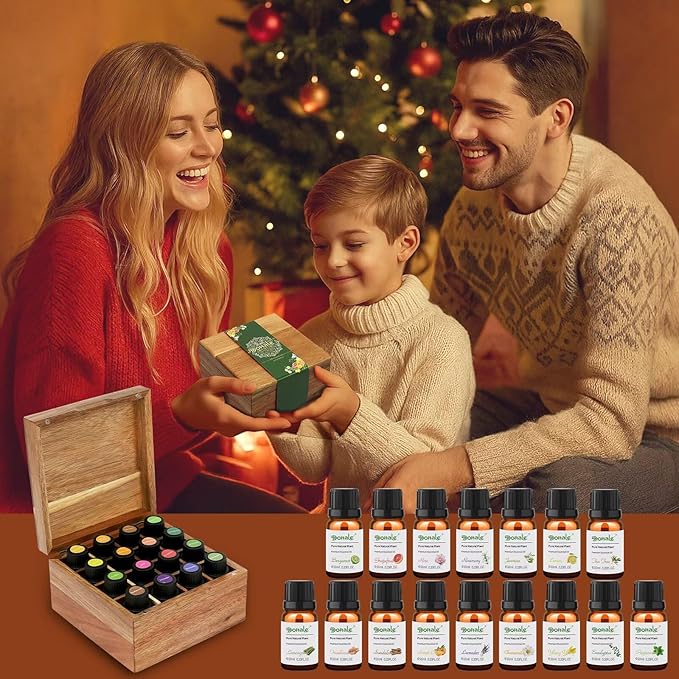 Dohale Essential Oils Set Acacia Wood Gift Box - Top 16 Relax, Stress Relief, Sweet Dreams, Energize, Aromatherapy Oils for Diffuser Hotel Scent Home Fragrance Candle Making 10ml