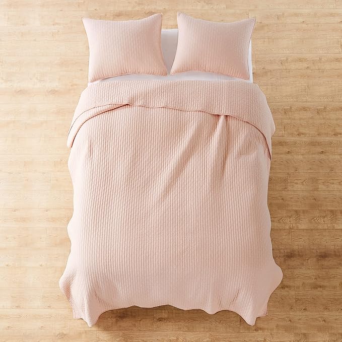 Levtex Home Cross Stitch Reversible Twin Bedspread Set (84x104in) with 1 Pillow Sham (26x20in) - Stitch Texture - Blush - Cotton Twin Size Bedspread Set - Lightweight, Soft, Pre-Washed