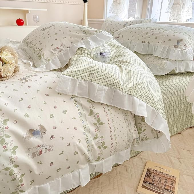 Ruffle Floral Comforter Girls Flower Comforter Set Queen Aesthetic Leaves Floral Bedding Comforter with Cute Rabbit Reversible Green Plaid Comforter Princess Bedding Botanical Comforter Set