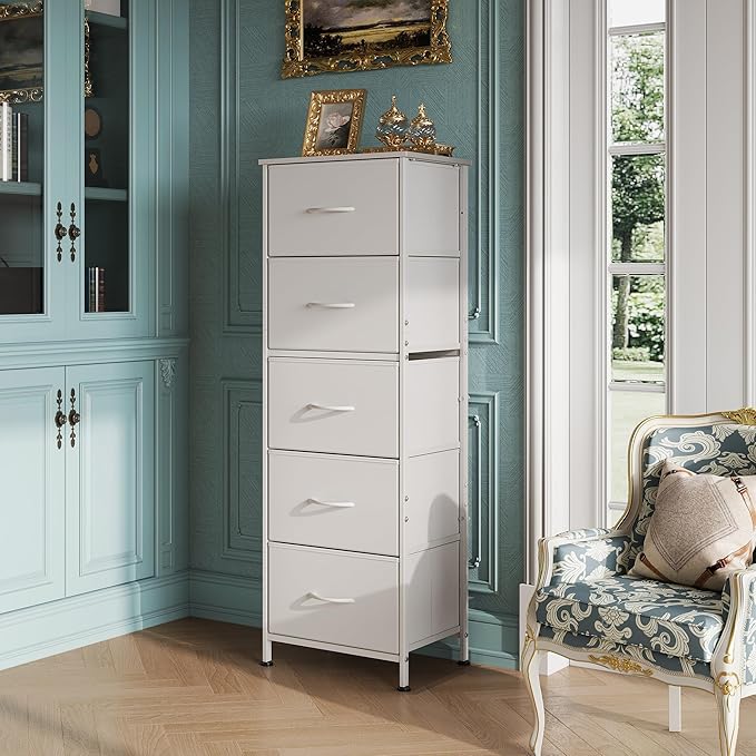 WLIVE Fabric Dresser, 5-Drawer Tall Dressers for Bedroom, Storage Dresser Organizer with Fabric Bins, Wood Top, Sturdy Steel Frame, Chest of Drawers for Closet, Hallway, White