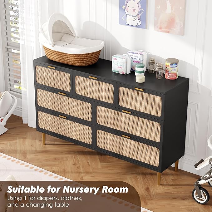 Garvee Rattan Dresser with 7 Drawers, Tall Modern Closet with Deep Storage, Large Chest of Drawers with Wide Top, Long Wooden Dresser for Bedroom, Living Room, Hallway, Kids Room, Black