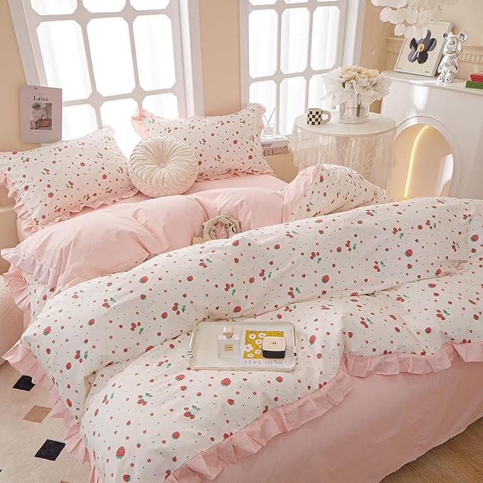LifeTB Ruffle Pink Strawberry Duvet Cover King 100% Cotton Floral Lace Duvet Cover Cute Floral Bedding Set Kawaii Strawberry Ruffle Comforter Cover Romantic Princess Bedding Cover with 2 Pillowcases