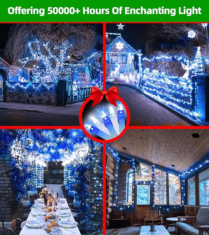 1500 LED Chrstmas Lights, 470ft Outdoor Christmas String Lights with 12 Modes, Blue Cool White LED String Lights with Timer Dimmable Waterproof for Tree Fence Xmas Wedding Party Decor Blue&Cool White