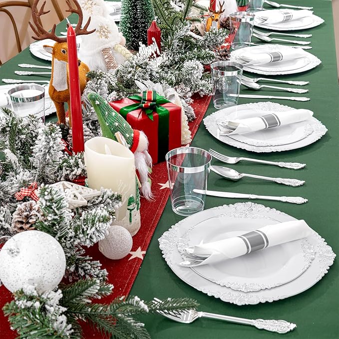Liacere 350PCS Silver Plastic Plates&Pre Rolled Napkins for 50 Guests - Plastic Dinnerware Sets 100Silver Disposable Plates, 150Silver Silverware, 50Cups and 50Napkins for Wedding