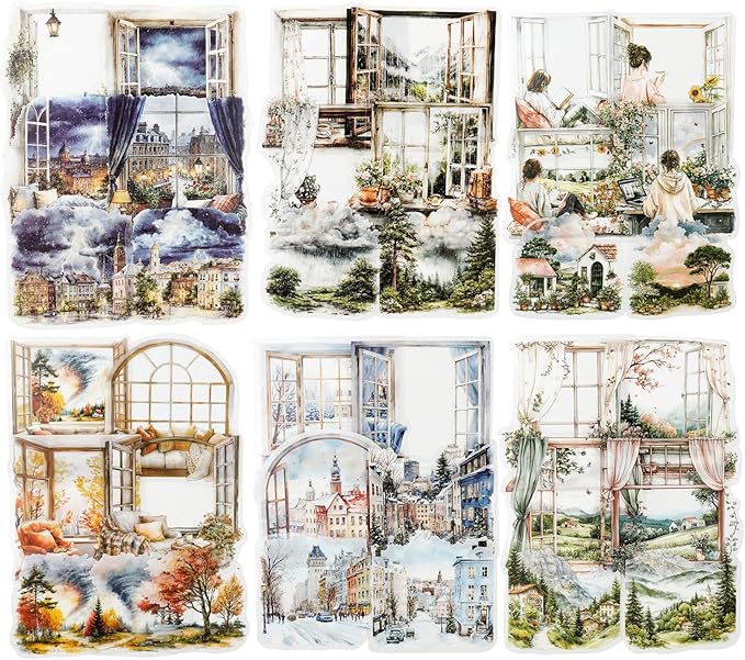 AuriicLeaf Weather Window PET Stickers, 90PCS Large Window Scenery Designs - Cozy Seasonal Views for Scrapbook Journals Planners DIY Decor