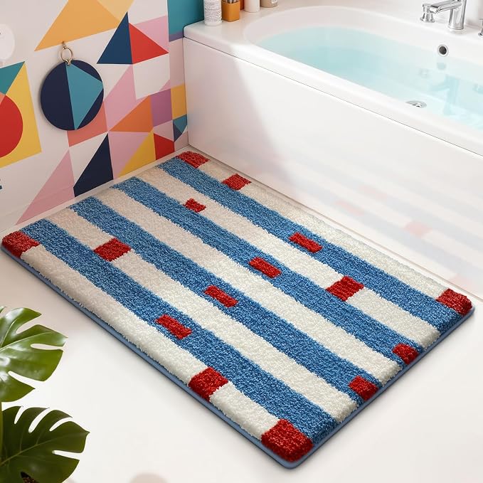 LUMI Bathroom Rugs with Blue White Stripe, Soft Absorbent Bath Mat for Modern Home Decor, Non-Slip Quick-Dry Bath Rug, Machine Washable Floor Mat for Shower and Tub, Entryway, 20"x32"