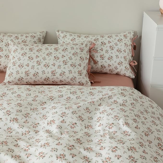 Boho Duvet Cover Twin XL 3 Piece Cottagecore Pink Floral Bedding Set for Teen Girl Dorm Vintage Flowers Room Decor Princess Bedding 1 Twin XL Duvet Cover 2 Pillowcases with Bow Ties