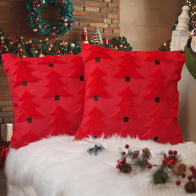 GEEORY Christmas Pillow Covers 20x20 Inch Set of 2, Christmas Decorations Xmas Tree Soft Plush Fluffy Faux Fur Decorative Throw Pillows Farmhouse Winter Cushion Case Red Brown GC035-20
