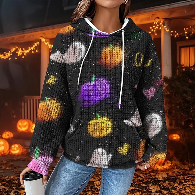 Halloween Sweatshirts for Women Novelty Graphic Drawstring Waffle Hoodies Loose Casual Pullover Tops with Pocket