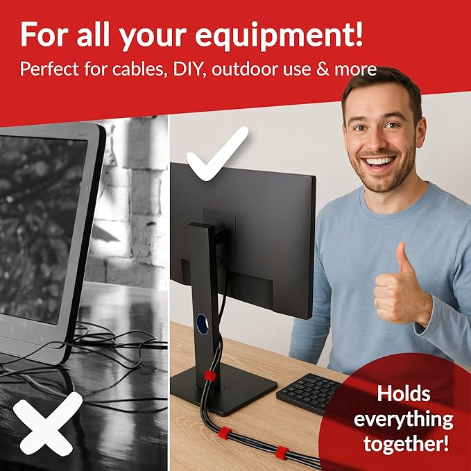 Label-the-cable Cable Management Ties Tape, Adjustable, Re-Useable/Cable Tidy/Hook and Loop Cord Organizer, Wire Management/PRO ROLL, 25m x 16mm, Red, PRO 1250
