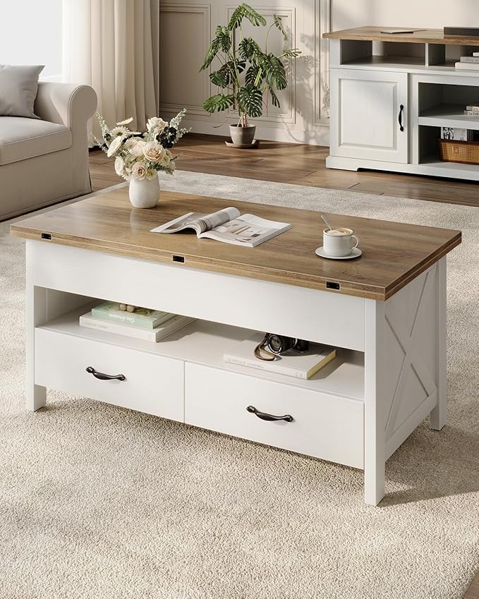 Marsail 40" Lift Top Coffee Table, 4 in 1 Coffee Table with Hidden Compartment, 1 Open Shelf and 2 Drawers, Multifunctional Farmhouse Center Table for Living Room and Home Office, Brown and White